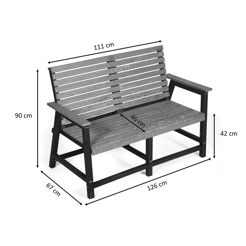 Eco 2 seater bench with backrest with armrest